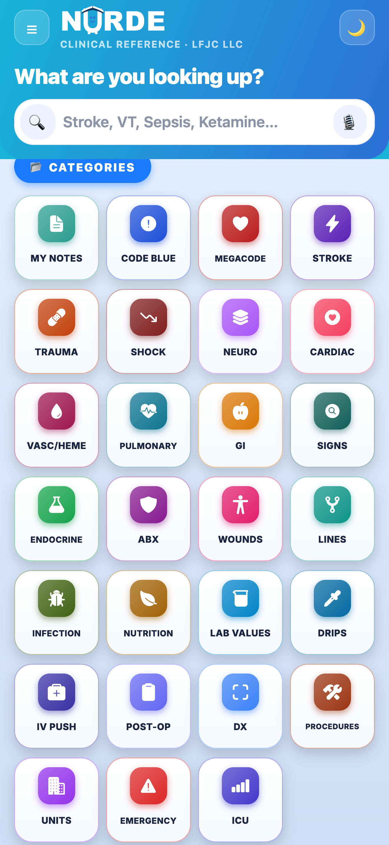 NURDE's category grid on a phone: colour-coded folder tiles for Code Blue, Megacode, Stroke, Trauma, Shock, Neuro, Cardiac, Pulmonary, Lab Values, Drips, Infection, Emergency, ICU and more, above a search bar.