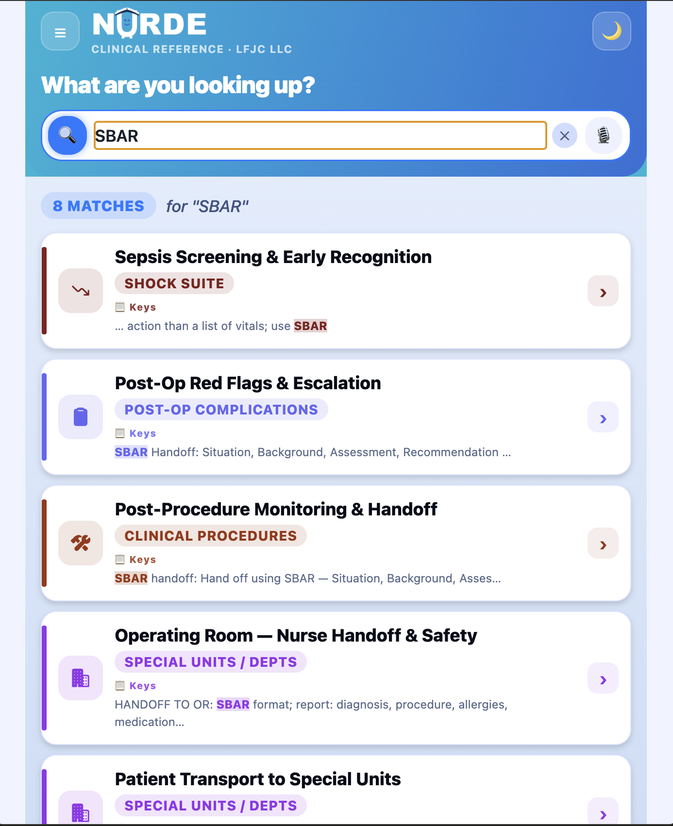 NURDE search results for the handoff term SBAR: a list of matching reference cards from several categories, each showing the line where the term appears with the search word highlighted.