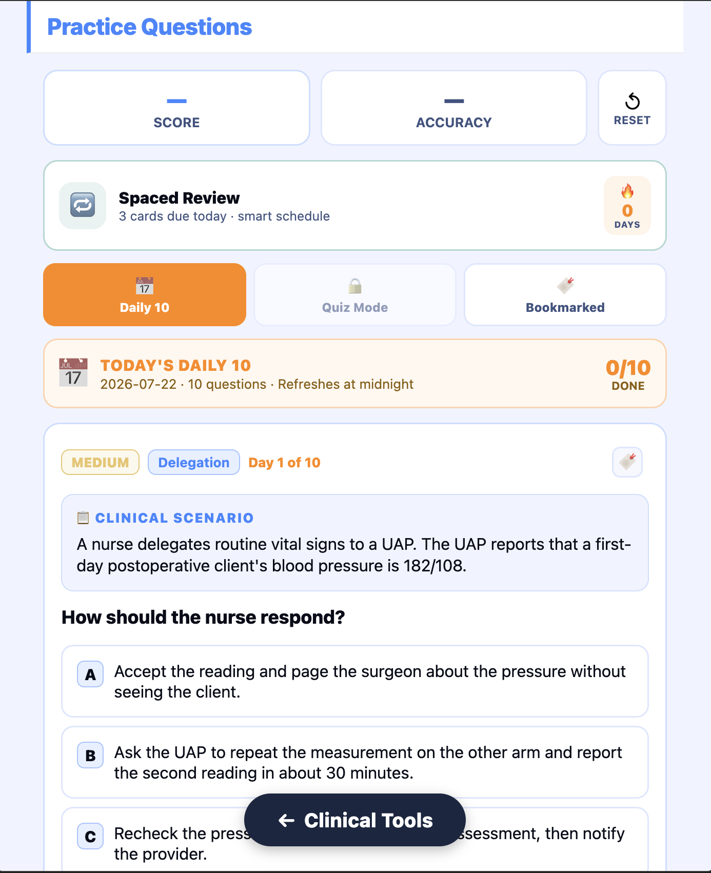 The Practice Questions screen in NURDE: an active Daily 10 set, a spaced-review streak card, a Quiz Mode tab shown as coming soon, and the first question of the day.