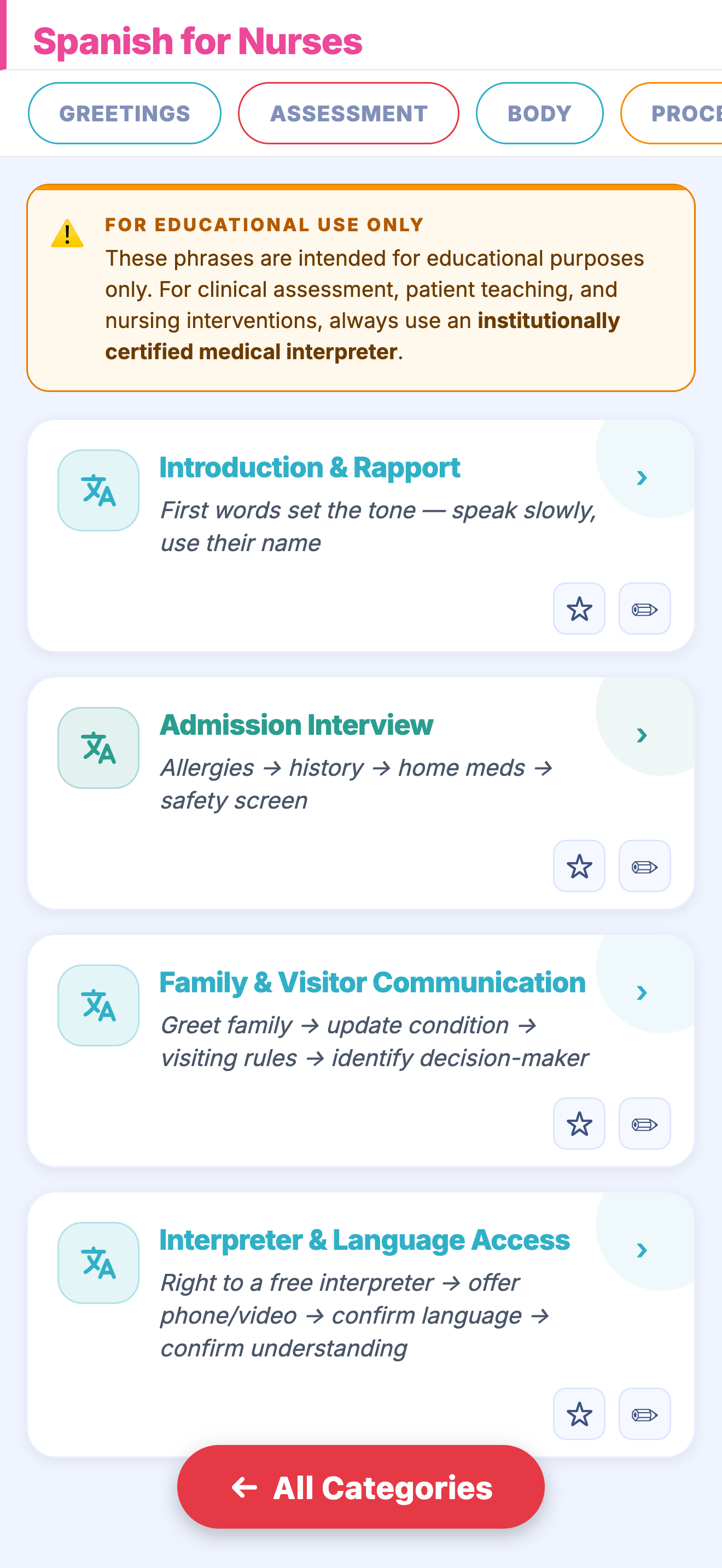 Spanish for Nurses open in NURDE: a for-educational-use-only banner above phrase categories such as Introduction and Rapport, Admission Interview, Family and Visitor Communication, and Interpreter and Language Access.